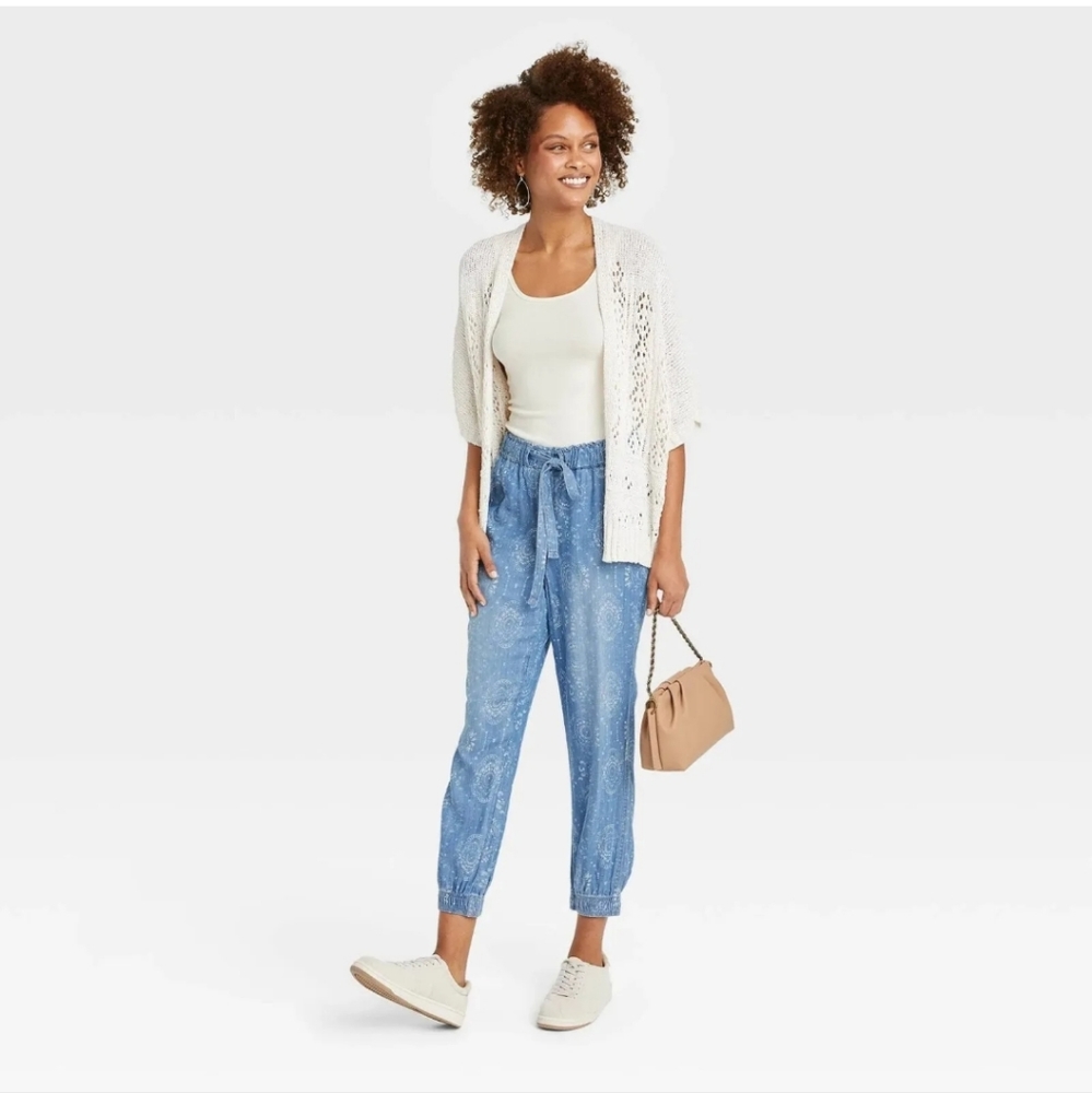 🍂 🍁 Knox Rose Jogger type Pants Blue Chambray Shibori Bohemian Print Small